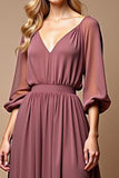 A Line Vintage Mauve V Neck Chiffon Long Mother of the Bride Dress