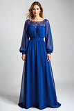 Royal Blue Illusion Neck A Line Long Sleeves Mother of the Bride Dress
