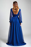 Royal Blue Illusion Neck A Line Long Sleeves Mother of the Bride Dress