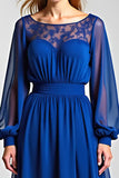 Royal Blue Illusion Neck A Line Long Sleeves Mother of the Bride Dress