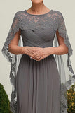 Grey Chiffon Ruched Mother of the Bride Dress with Lace Cape