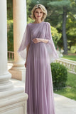 Chiffon Lilac Pleated Long Mother of the Bride Dress with Cape
