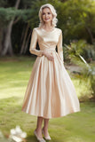 Champagne A Line Satin Round Neck Mother of the Bride Dress