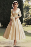 A Line Champagne V Neck Tea Length Mother of the Bride Dress