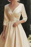A Line Champagne V Neck Tea Length Mother of the Bride Dress