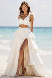 White 2 Piece A Line One Shoulder Tiered Long Graduation Dress with Slit