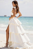 White 2 Piece A Line One Shoulder Tiered Long Graduation Dress with Slit