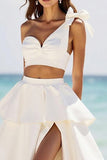 White 2 Piece A Line One Shoulder Tiered Long Graduation Dress with Slit
