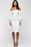 White Bodycon Off the Shoulder Satin Knee Length Graduation Dress