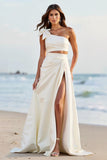 White One Shoulder Satin Bowknot Long Graduation Dress with Slit