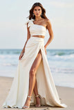 White One Shoulder Satin Bowknot Long Graduation Dress with Slit