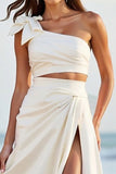 White One Shoulder Satin Bowknot Long Graduation Dress with Slit