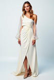 Ivory One Shoulder Sheath Long Graduation Dress with Slit