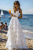 White 2 Piece Halter Tiered A Line Graduation Dress with Ruffles