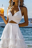 White 2 Piece Halter Tiered A Line Graduation Dress with Ruffles