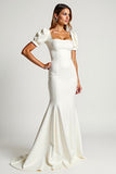 Ivory Square Neck Puff Sleeves Mermaid Long Formal Dress