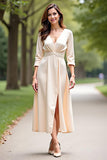 A Line Champagne V-Neck Tea Length Mother of the Bride Dress with Slit