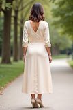 A Line Champagne V-Neck Tea Length Mother of the Bride Dress with Slit