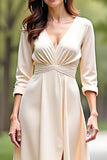 A Line Champagne V-Neck Tea Length Mother of the Bride Dress with Slit