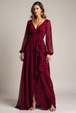 Burgundy Ruffled Chiffon Long Mother of the Bride Dress with Slit