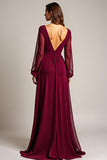 Burgundy Ruffled Chiffon Long Mother of the Bride Dress with Slit