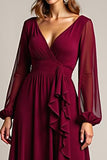 Burgundy Ruffled Chiffon Long Mother of the Bride Dress with Slit