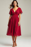Red V-Neck Short Sleeves Knee Length Chiffon Mother of the Bride Dress