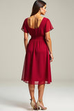 Red V-Neck Short Sleeves Knee Length Chiffon Mother of the Bride Dress
