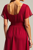 Red V-Neck Short Sleeves Knee Length Chiffon Mother of the Bride Dress