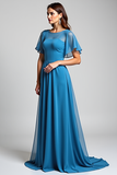 Blue Ruffle Sleeves Long Chiffon Mother of the Bride Dress