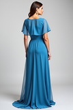 Blue Ruffle Sleeves Long Chiffon Mother of the Bride Dress