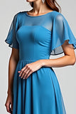 Blue Ruffle Sleeves Long Chiffon Mother of the Bride Dress