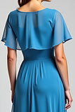 Blue Ruffle Sleeves Long Chiffon Mother of the Bride Dress