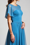 Blue Ruffle Sleeves Long Chiffon Mother of the Bride Dress