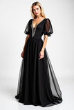 Black Long Chiffon Beaded A Line Mother of the Bride Dress
