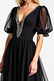 Black Long Chiffon Beaded A Line Mother of the Bride Dress