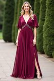 Burgundy Chiffon V-Neck A Line Mother of the Bride Dress with Slit
