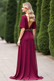Burgundy Chiffon V-Neck A Line Mother of the Bride Dress with Slit