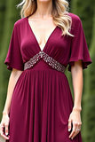 Burgundy Chiffon V-Neck A Line Mother of the Bride Dress with Slit