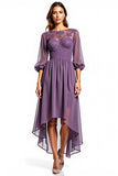 Plum Chiffon High Low Mother of the Bride Dress with Lace Embroidery