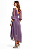 Plum Chiffon High Low Mother of the Bride Dress with Lace Embroidery