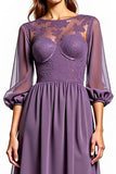 Plum Chiffon High Low Mother of the Bride Dress with Lace Embroidery