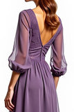 Plum Chiffon High Low Mother of the Bride Dress with Lace Embroidery