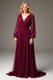 Burgundy Chiffon V-Neck Long Sleeves A Line Mother of the Bride Dress