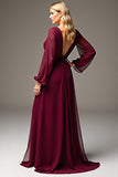 Burgundy Chiffon V-Neck Long Sleeves A Line Mother of the Bride Dress