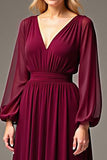 Burgundy Chiffon V-Neck Long Sleeves A Line Mother of the Bride Dress