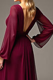 Burgundy Chiffon V-Neck Long Sleeves A Line Mother of the Bride Dress