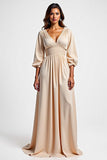 Champagne V-Neck Ruched A Line Long Mother of the Bride Dress