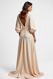 Champagne V-Neck Ruched A Line Long Mother of the Bride Dress