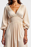 Champagne V-Neck Ruched A Line Long Mother of the Bride Dress